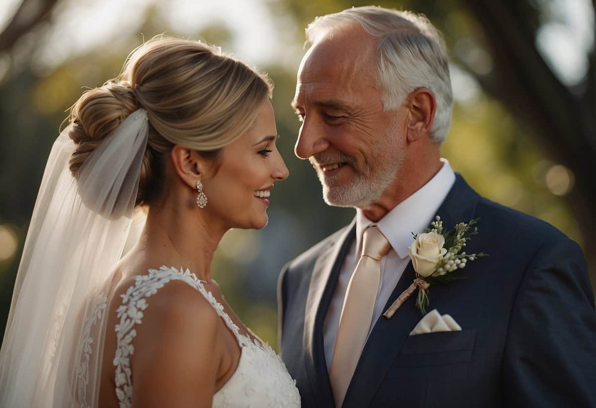 A bride and her father share a tender moment, locking eyes with smiles and tears, as they see each other for the first time on her wedding day