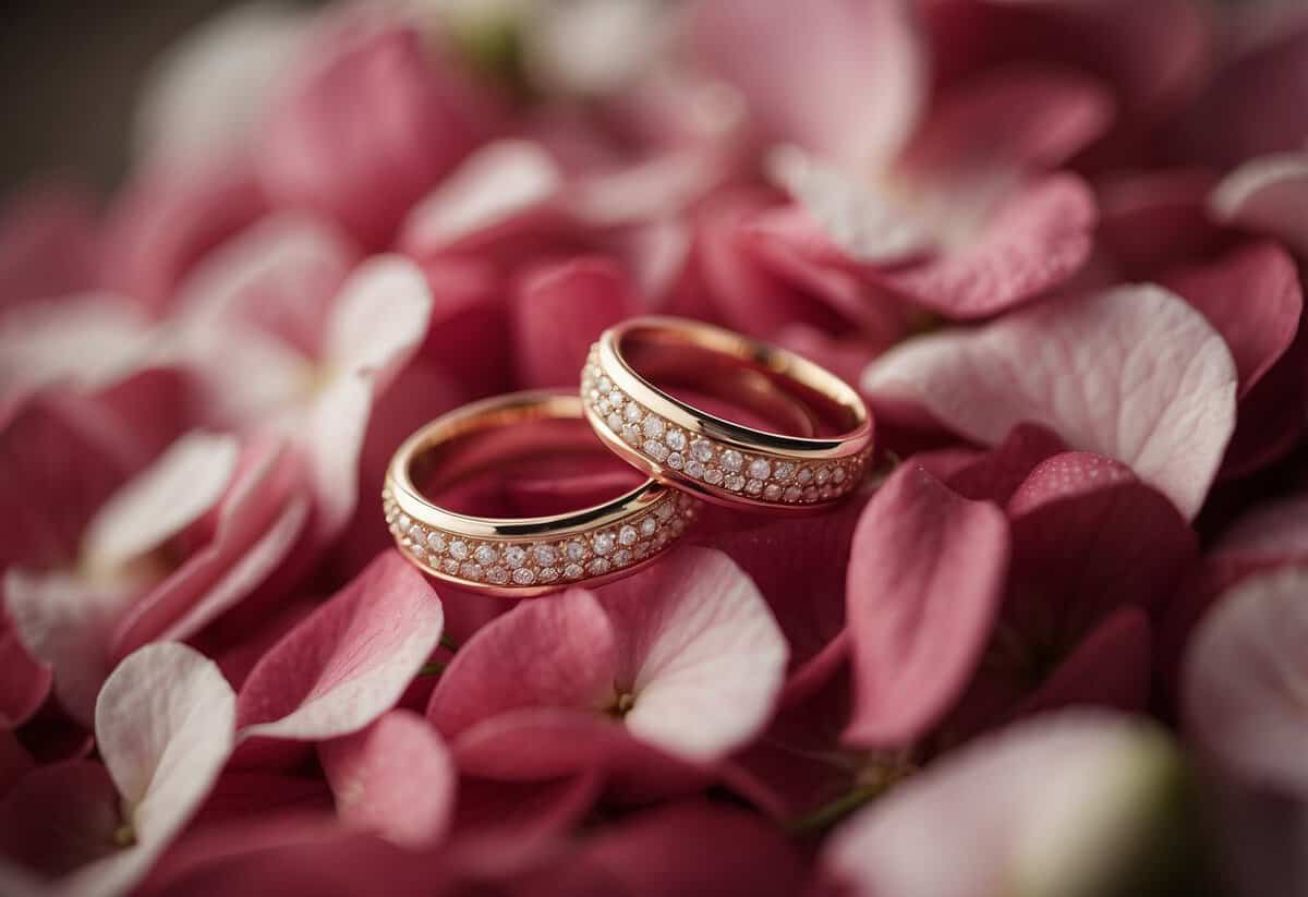 Two wedding rings intertwined, resting on a bed of rose petals