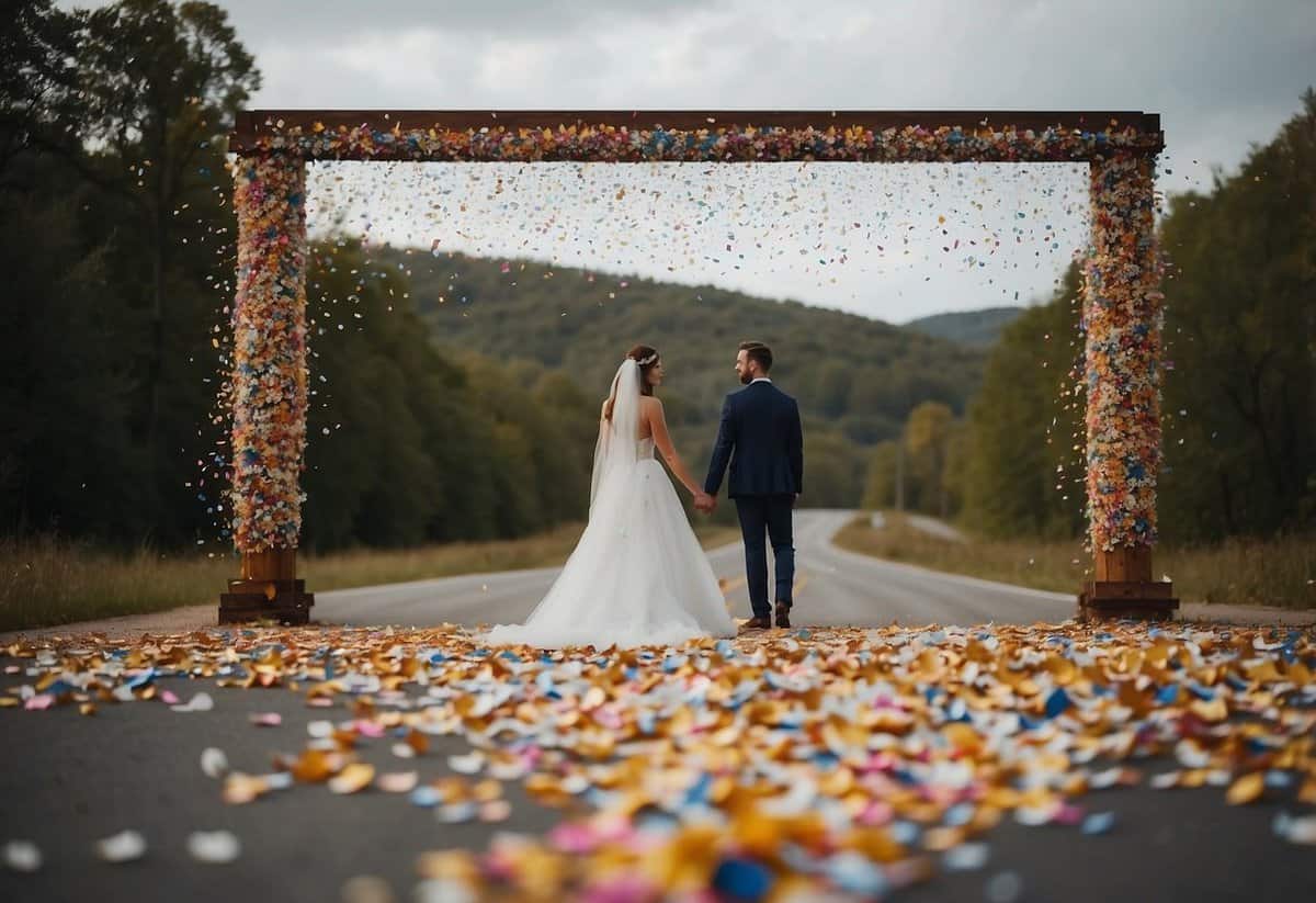 Colorful confetti falls around wedding sign on Exit 50 highway, creating a festive atmosphere for must-have wedding photos