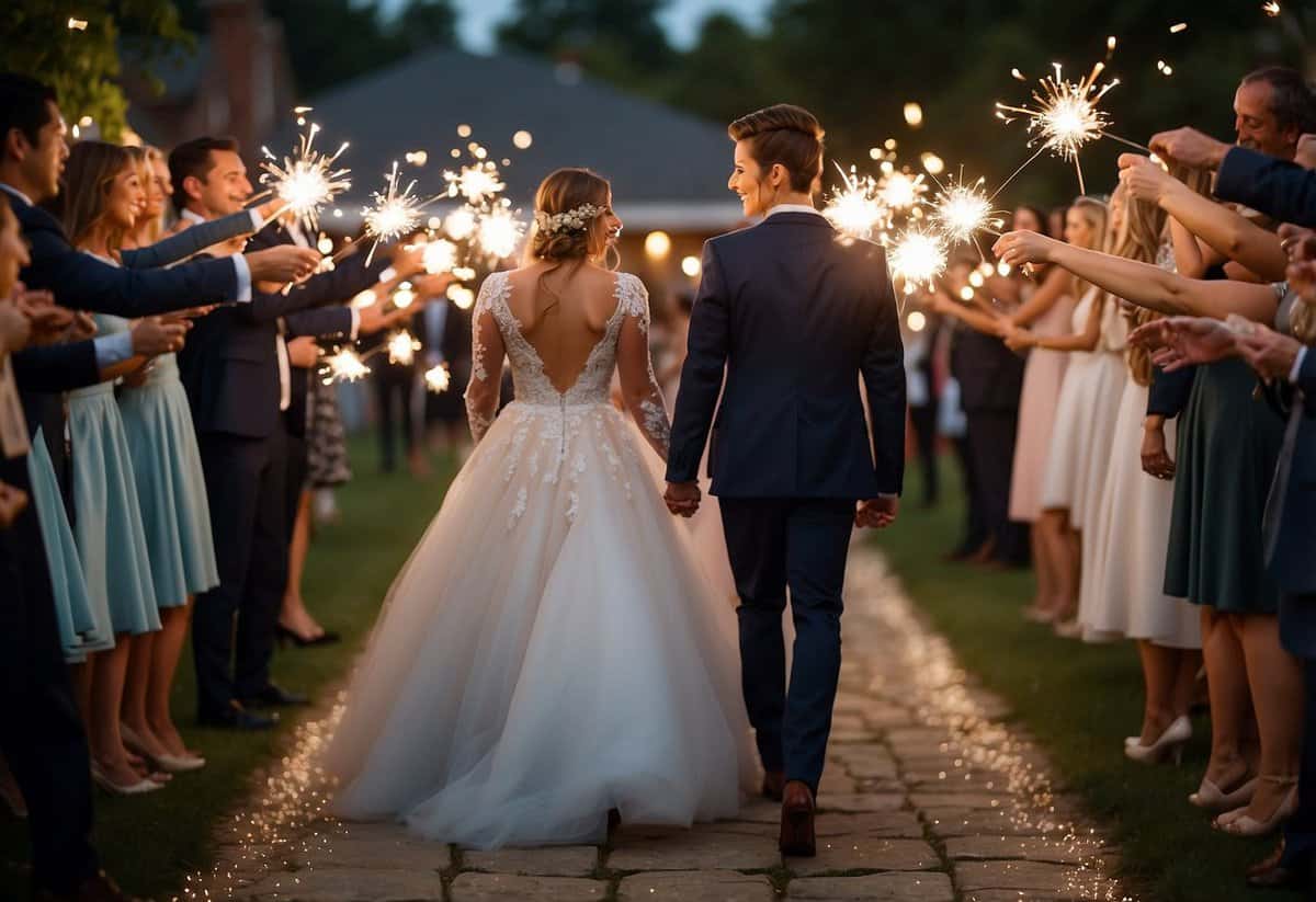 A sparkler exit at a wedding venue with a long row of sparklers creating a dazzling pathway for the newlyweds to walk through