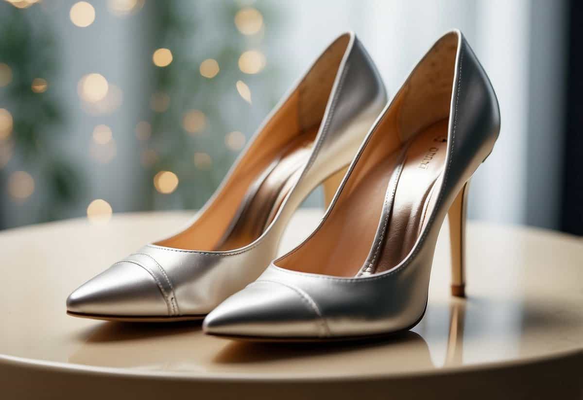 A pair of elegant wedding shoes arranged on a clean, white background with soft natural lighting