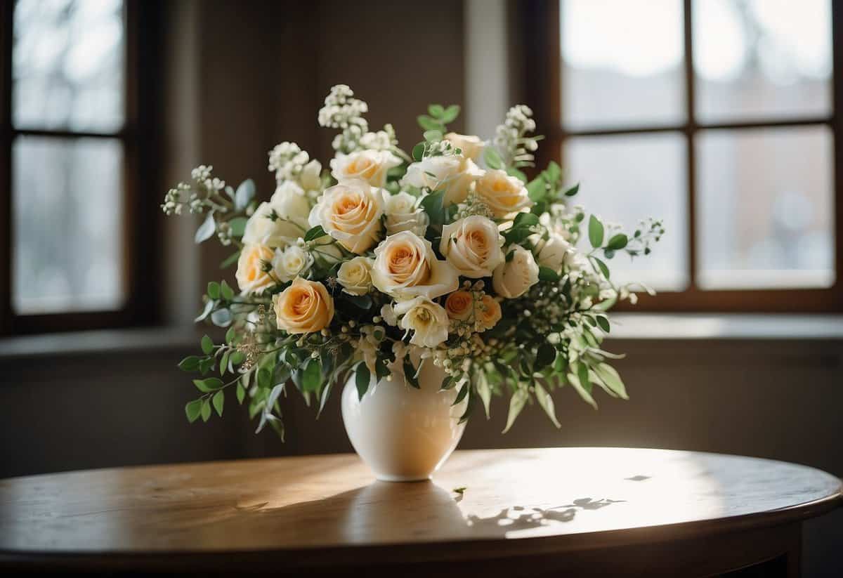 A beautiful bridal bouquet placed on a vintage table with soft natural light streaming in from a nearby window