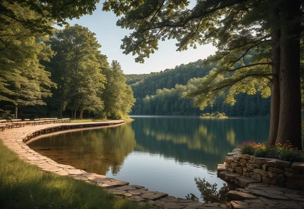 A picturesque wedding venue in the Ozark Mountains with a serene lake and lush greenery, surrounded by towering trees and colorful wildflowers