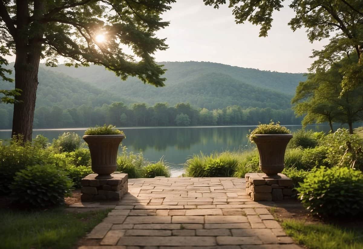 A scenic outdoor venue with lush greenery and a picturesque backdrop of rolling hills and a serene lake, perfect for a romantic Arkansas wedding