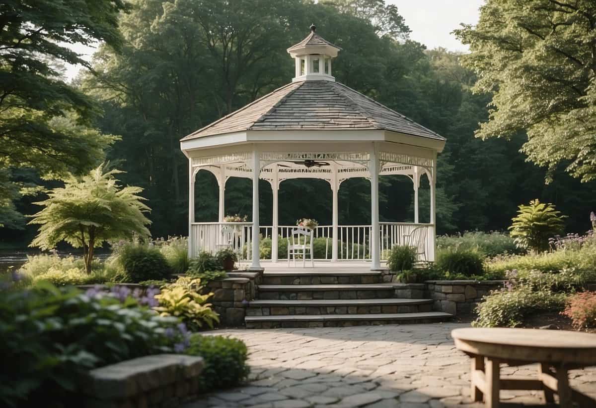 A scenic wedding venue in Connecticut with a picturesque waterfront, lush greenery, and a charming gazebo