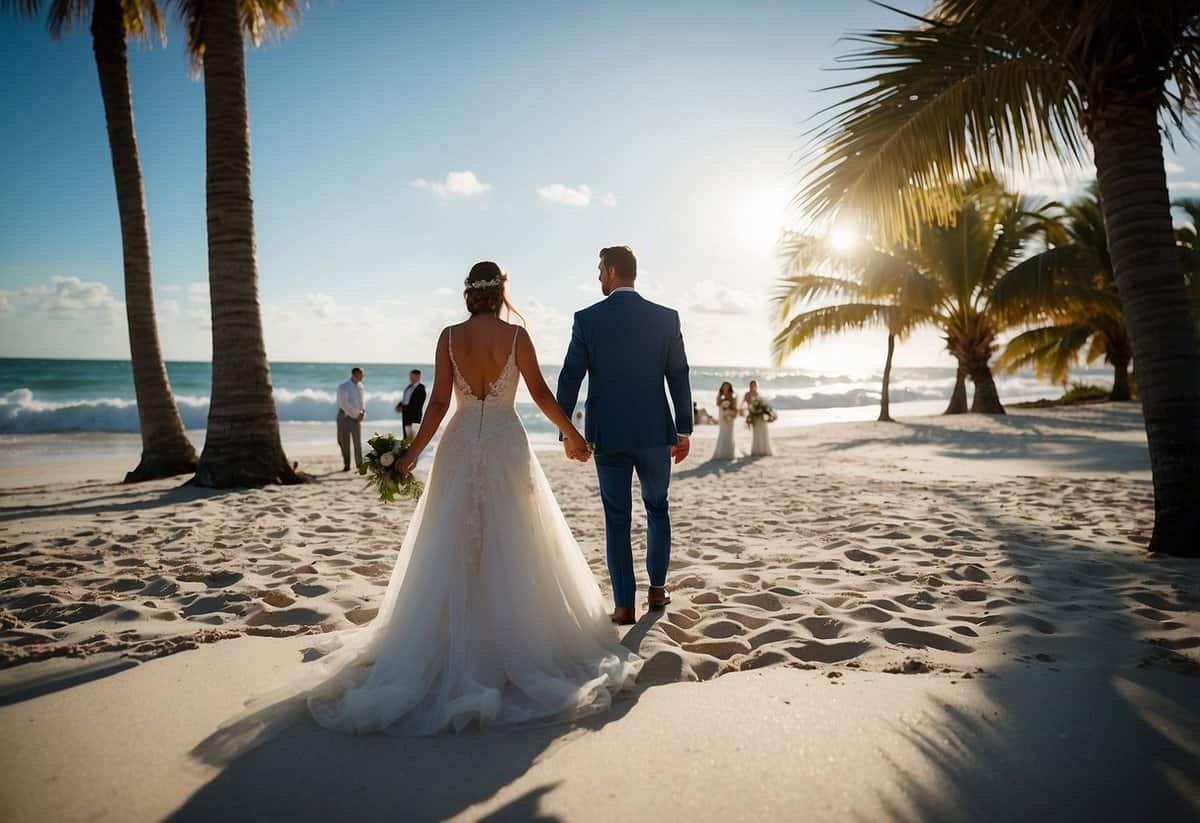 The scene depicts a sunny beach wedding in Florida, with palm trees swaying in the background and the sound of waves crashing against the shore