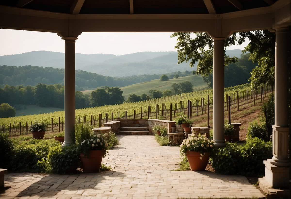 A picturesque vineyard nestled in the rolling hills of North Georgia, with a charming gazebo and lush greenery, sets the perfect scene for a romantic wedding