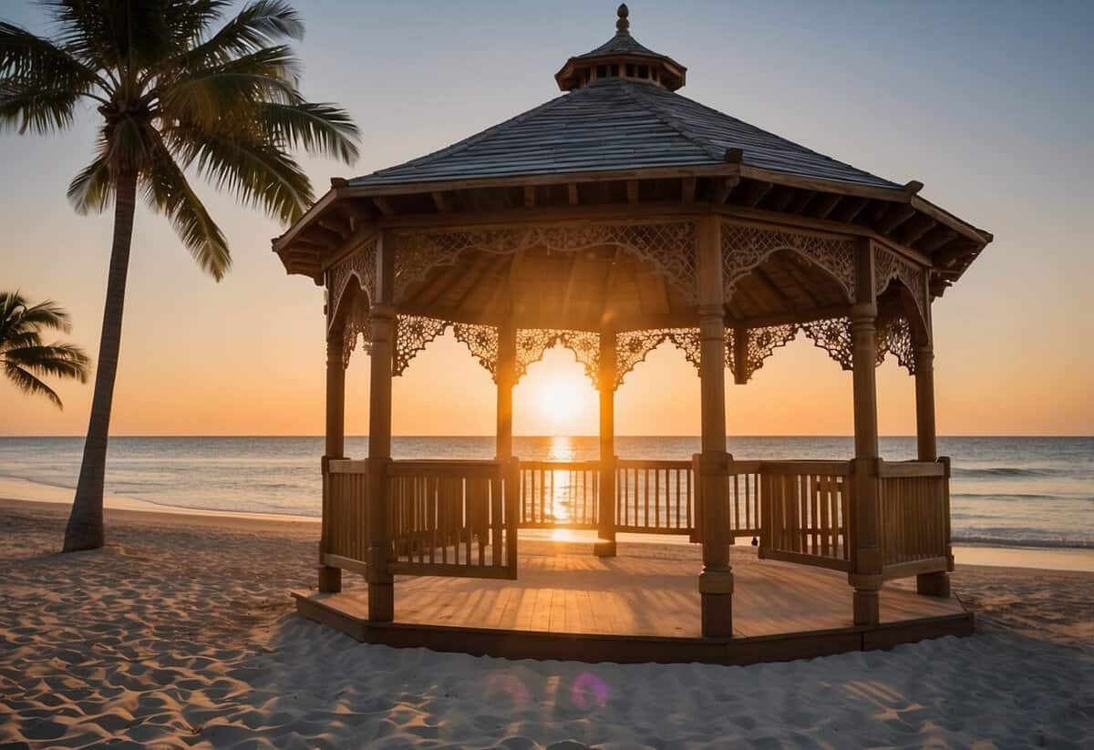 A serene beach at sunset with palm trees, clear blue water, and a colorful sky. A flower-adorned gazebo sits on the sand, ready for a romantic ceremony