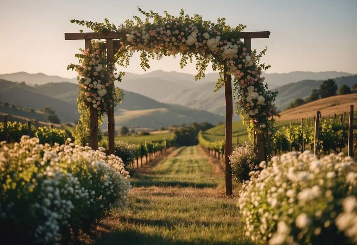 An outdoor wedding at a picturesque vineyard with rolling hills, a rustic wooden arch, and vibrant wildflowers in full bloom