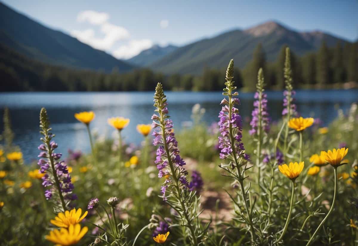 A picturesque mountain backdrop with colorful wildflowers and a serene lake, perfect for a romantic wedding ceremony in Idaho