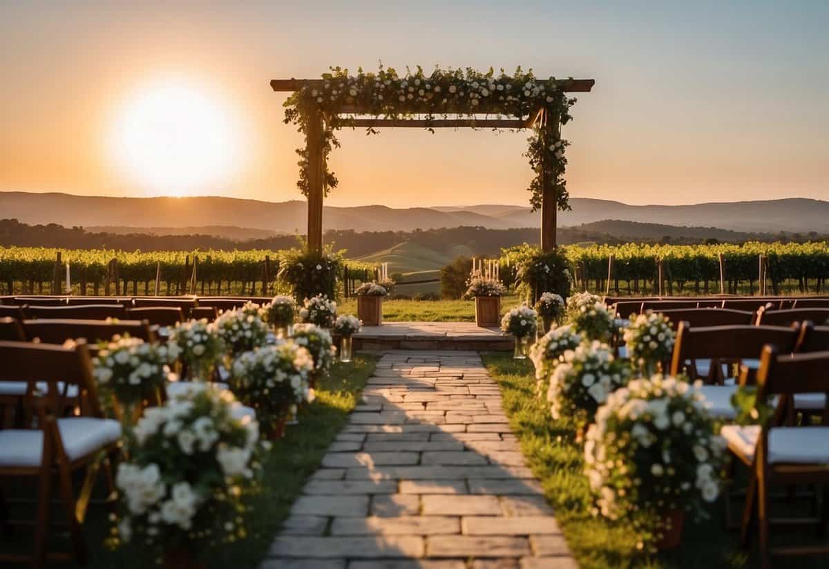 A beautiful outdoor ceremony at a vineyard with rolling hills and a stunning sunset in the background