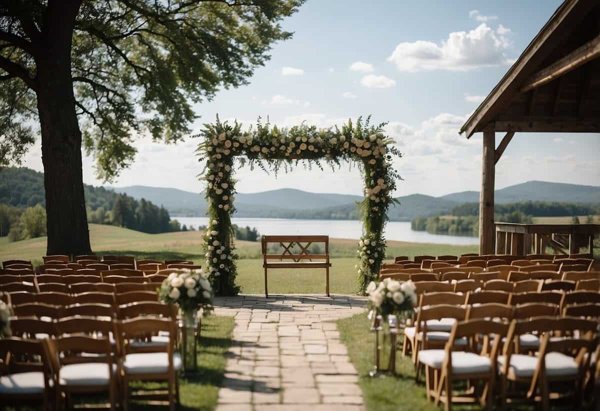 A beautiful outdoor ceremony at a rustic barn venue with rolling hills and a serene lake in the background