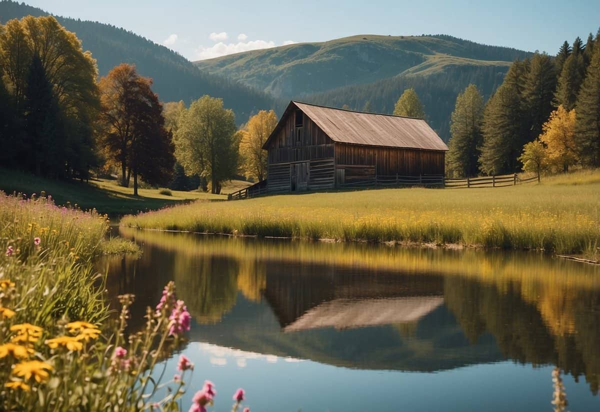 A picturesque barn set against rolling hills, with a serene lake in the background and vibrant wildflowers blooming in the foreground