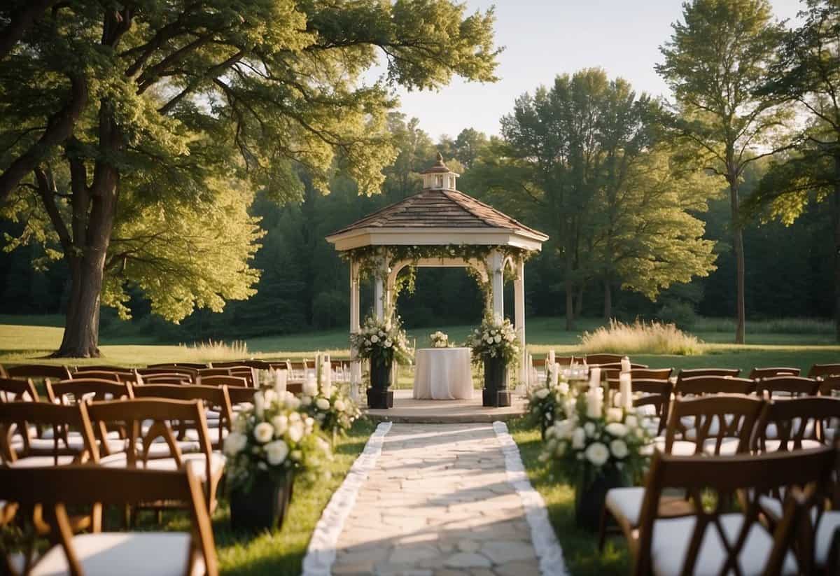 A beautiful outdoor wedding venue in Iowa with lush greenery, a picturesque gazebo, and a stunning view of rolling hills in the background