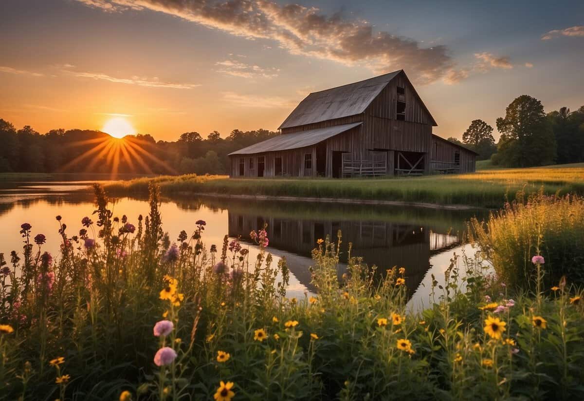 Rolling hills, blooming wildflowers, and a rustic barn set against a picturesque sunset. A serene lake reflects the vibrant colors of the surrounding landscape, creating a perfect backdrop for a wedding in Kentucky