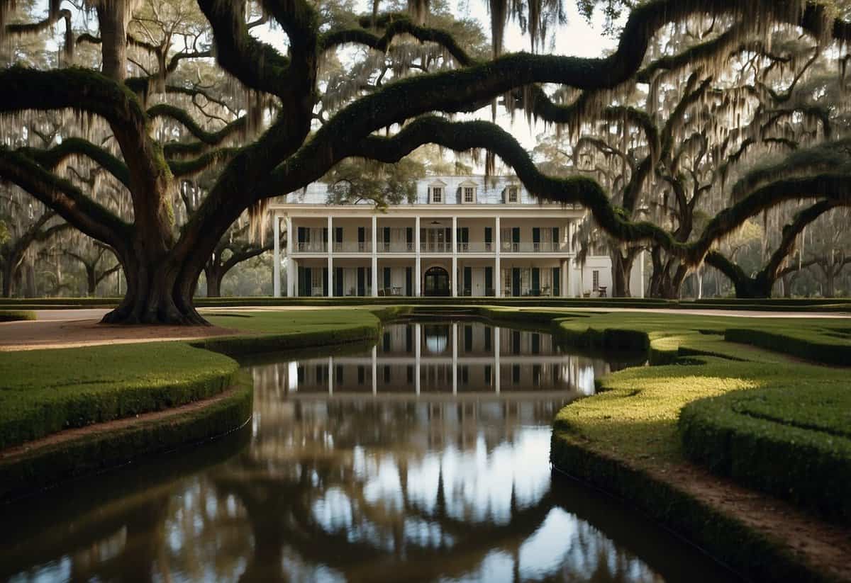 A picturesque plantation with moss-draped oak trees, a serene bayou, and a historic French Quarter courtyard