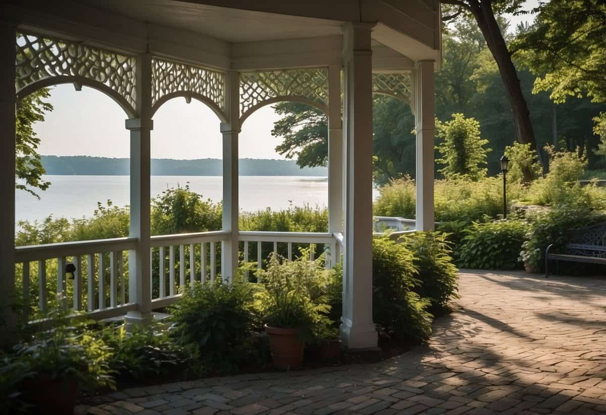 A serene waterfront venue with lush greenery and a charming gazebo set against the backdrop of the Chesapeake Bay