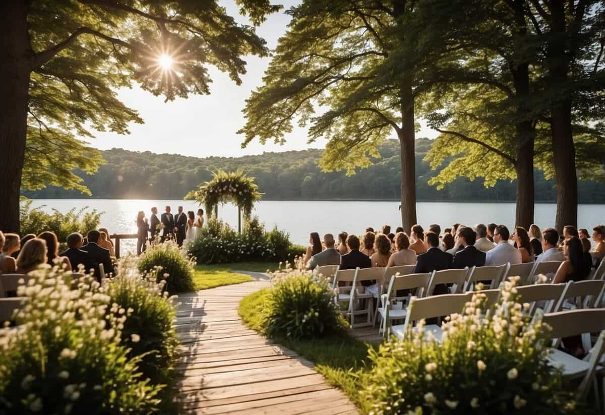 Lush greenery, blooming flowers, and a picturesque waterfront setting at a historic venue in Maryland. The sun is shining, and guests are gathered for a beautiful outdoor wedding ceremony