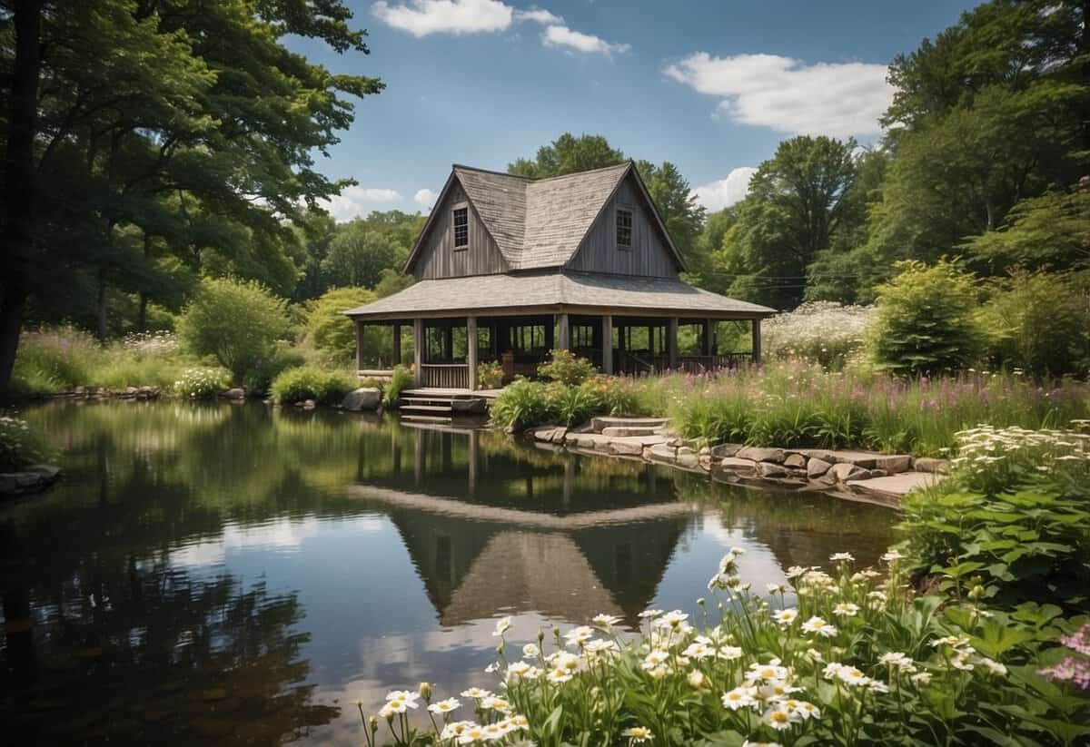 A serene lakeside setting with lush greenery, a charming barn, and a rustic gazebo nestled among blooming flowers in Massachusetts