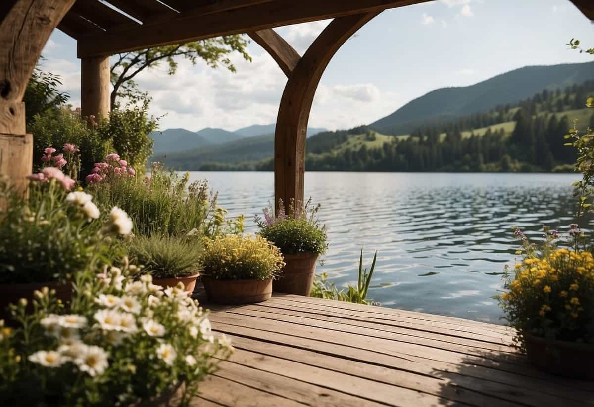 A picturesque lakeside setting with a rustic wooden arch adorned with flowers, overlooking rolling hills and a serene lake in the background