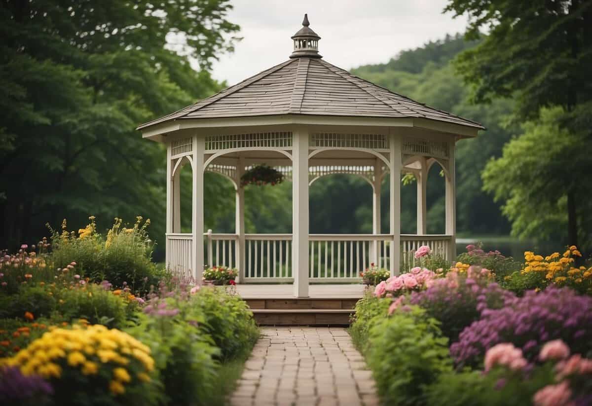 Lush greenery surrounds a charming gazebo in a serene lakeside setting, with vibrant flowers and towering trees creating a picturesque backdrop for a romantic wedding ceremony