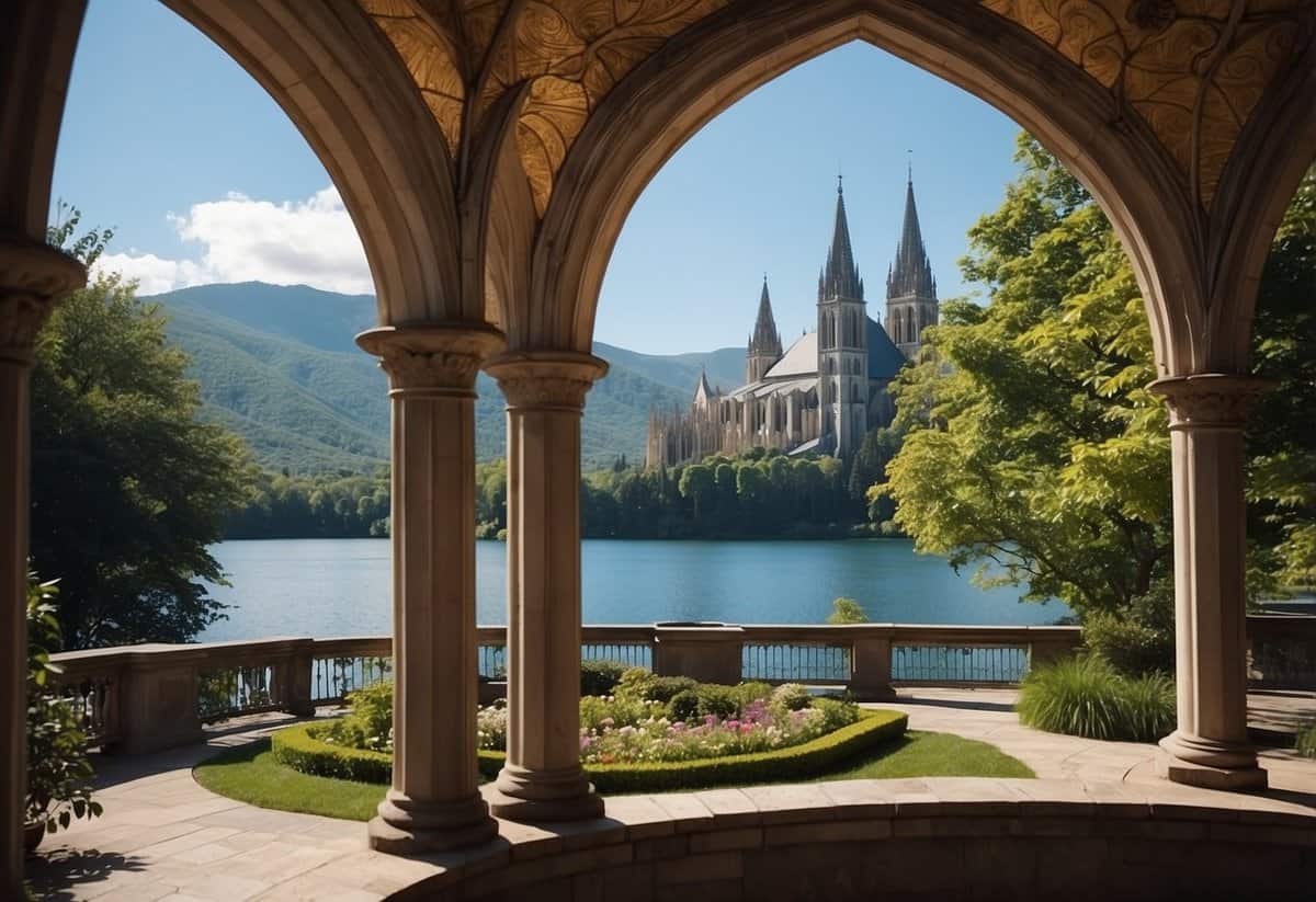 A grand cathedral with ornate stained glass windows and a lush garden with a gazebo, set against a backdrop of rolling hills and a serene lake