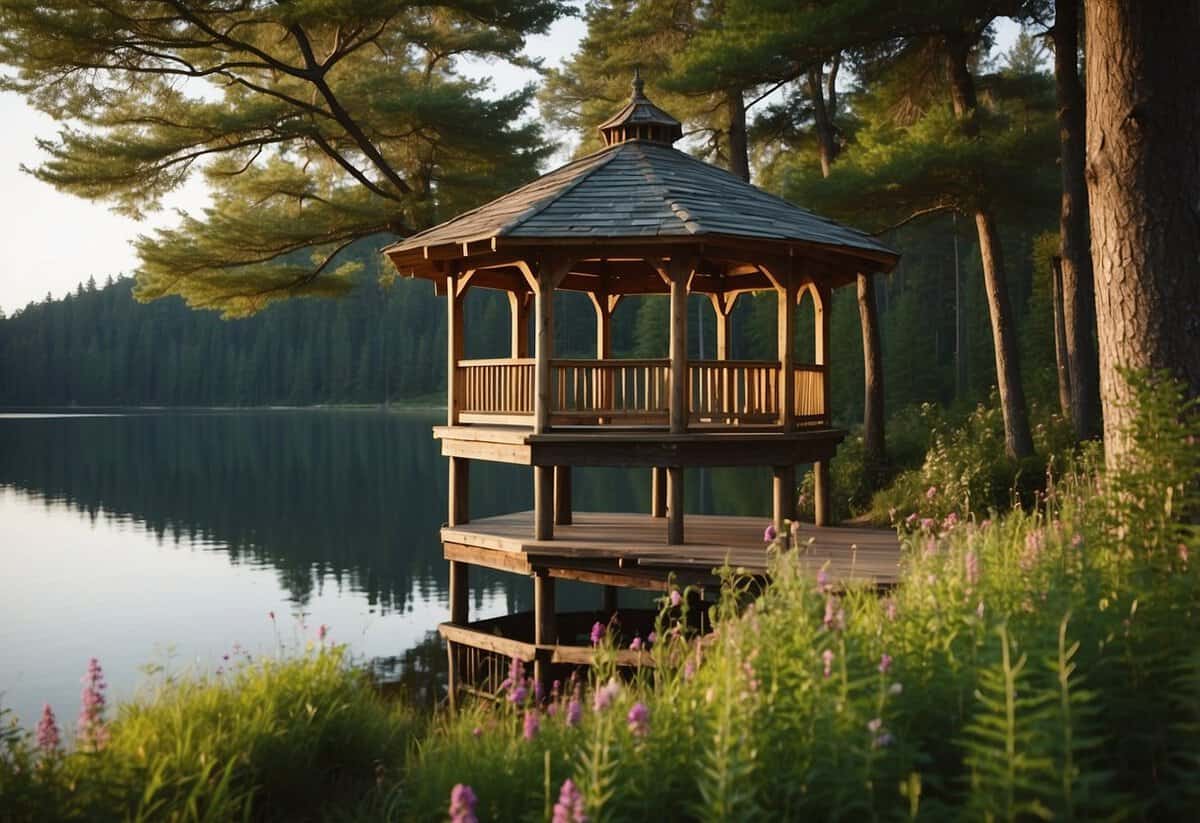 A serene lakeside setting with lush greenery and a rustic wooden gazebo, surrounded by towering pine trees and colorful wildflowers