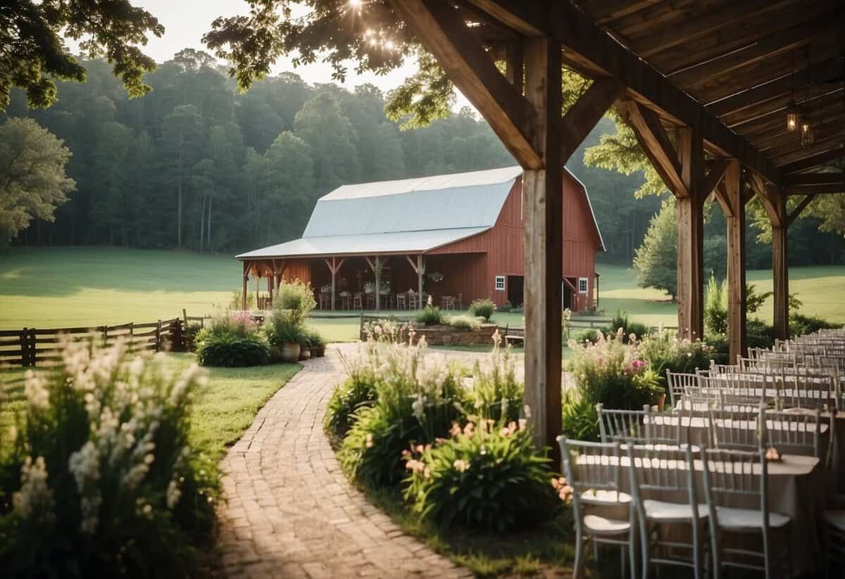 A picturesque barn wedding venue nestled in the rolling hills of Mississippi, surrounded by lush greenery and blooming flowers