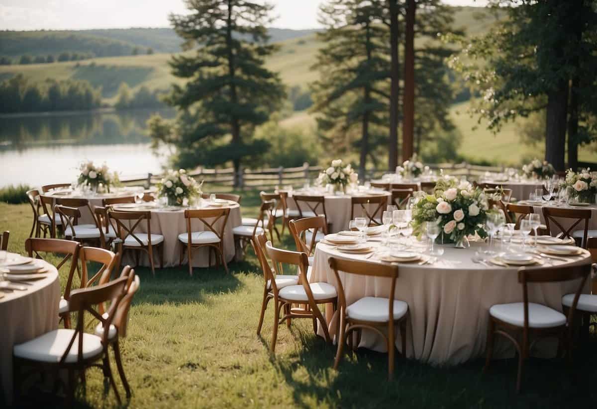 A beautiful outdoor wedding venue in Nebraska with rolling hills, a serene lake, and a rustic barn nestled among the trees