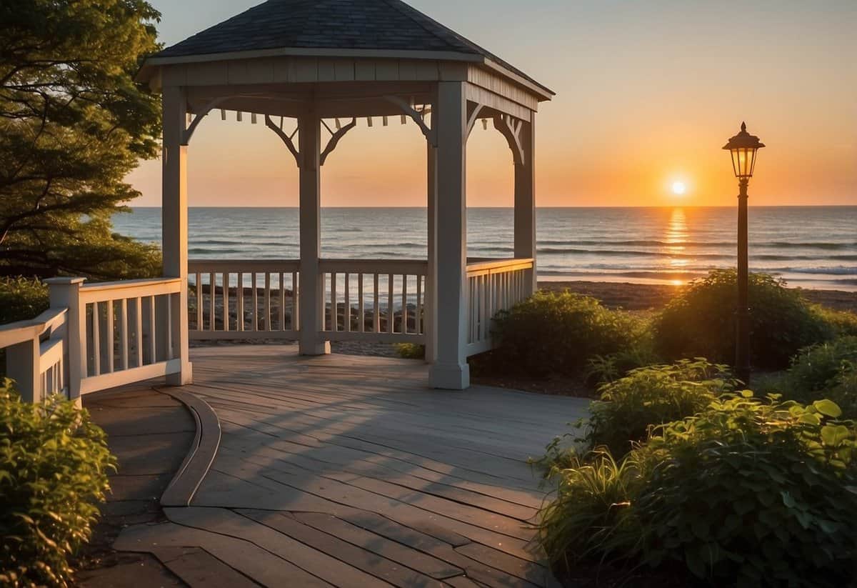 A serene beach with a picturesque sunset, framed by lush greenery and a charming gazebo, overlooking the ocean in New Jersey