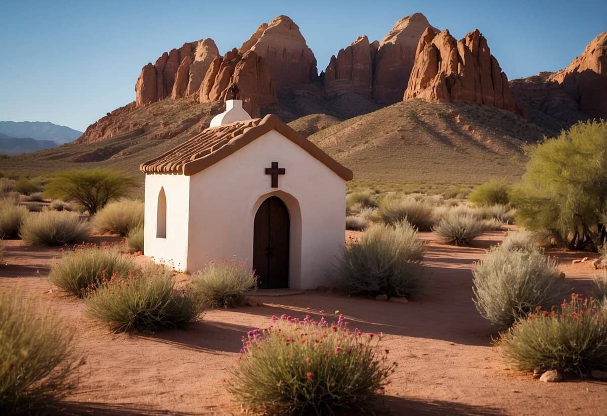 A picturesque adobe chapel nestled in the heart of the desert, surrounded by vibrant wildflowers and towering red rock formations