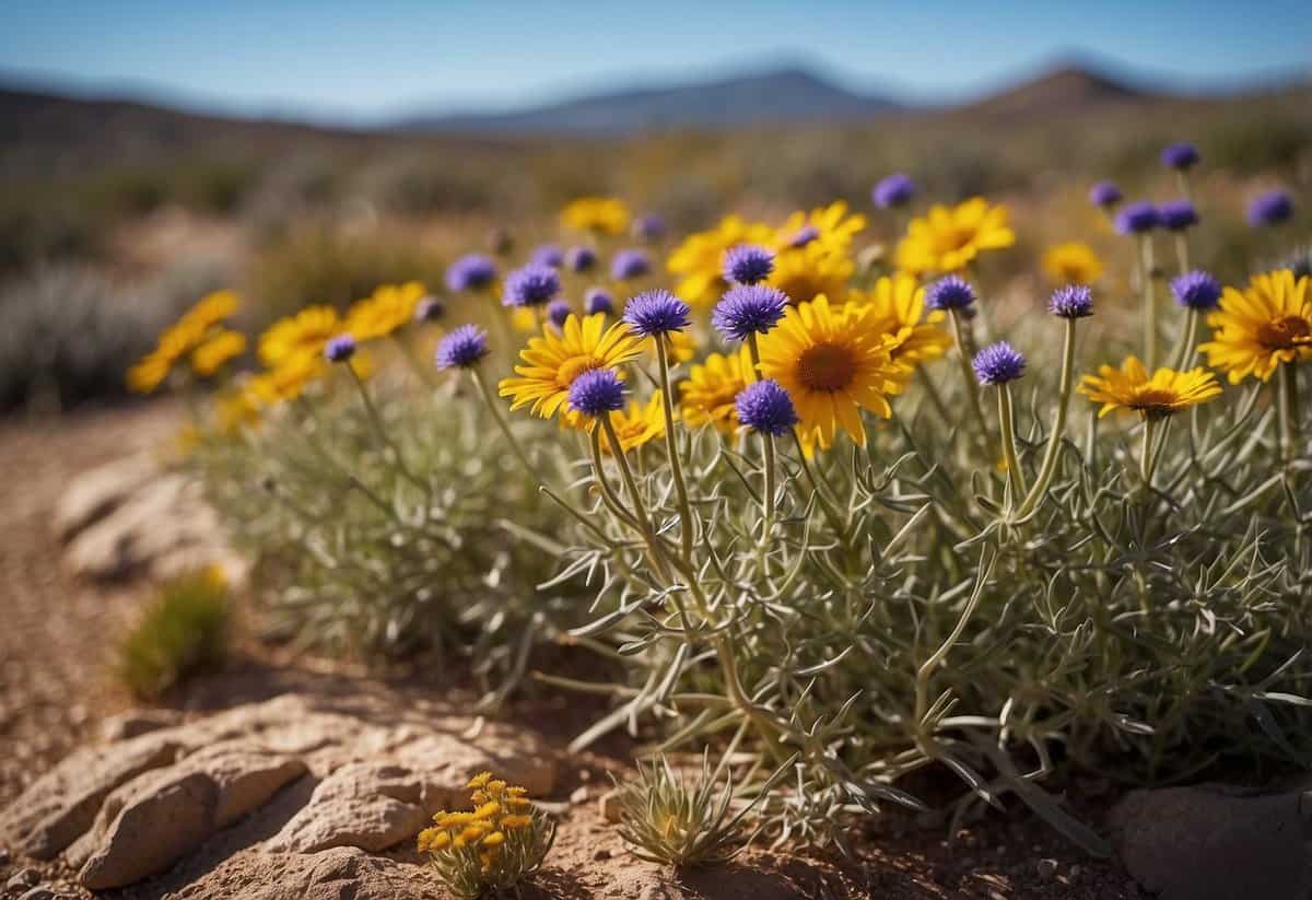 A sunny day in the high desert of New Mexico, with clear blue skies and colorful wildflowers in bloom, creating a picturesque backdrop for a wedding ceremony