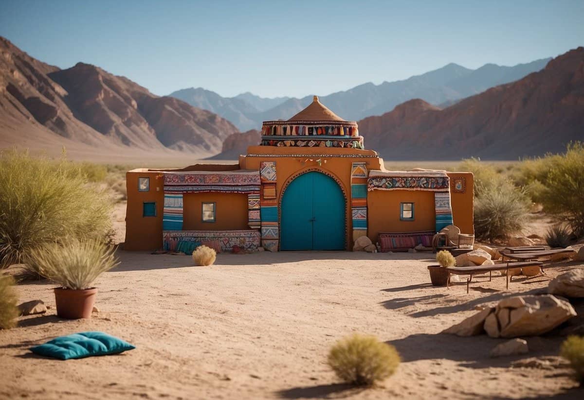 A picturesque desert landscape with adobe structures and colorful textiles, set against a backdrop of dramatic mountains and a clear blue sky