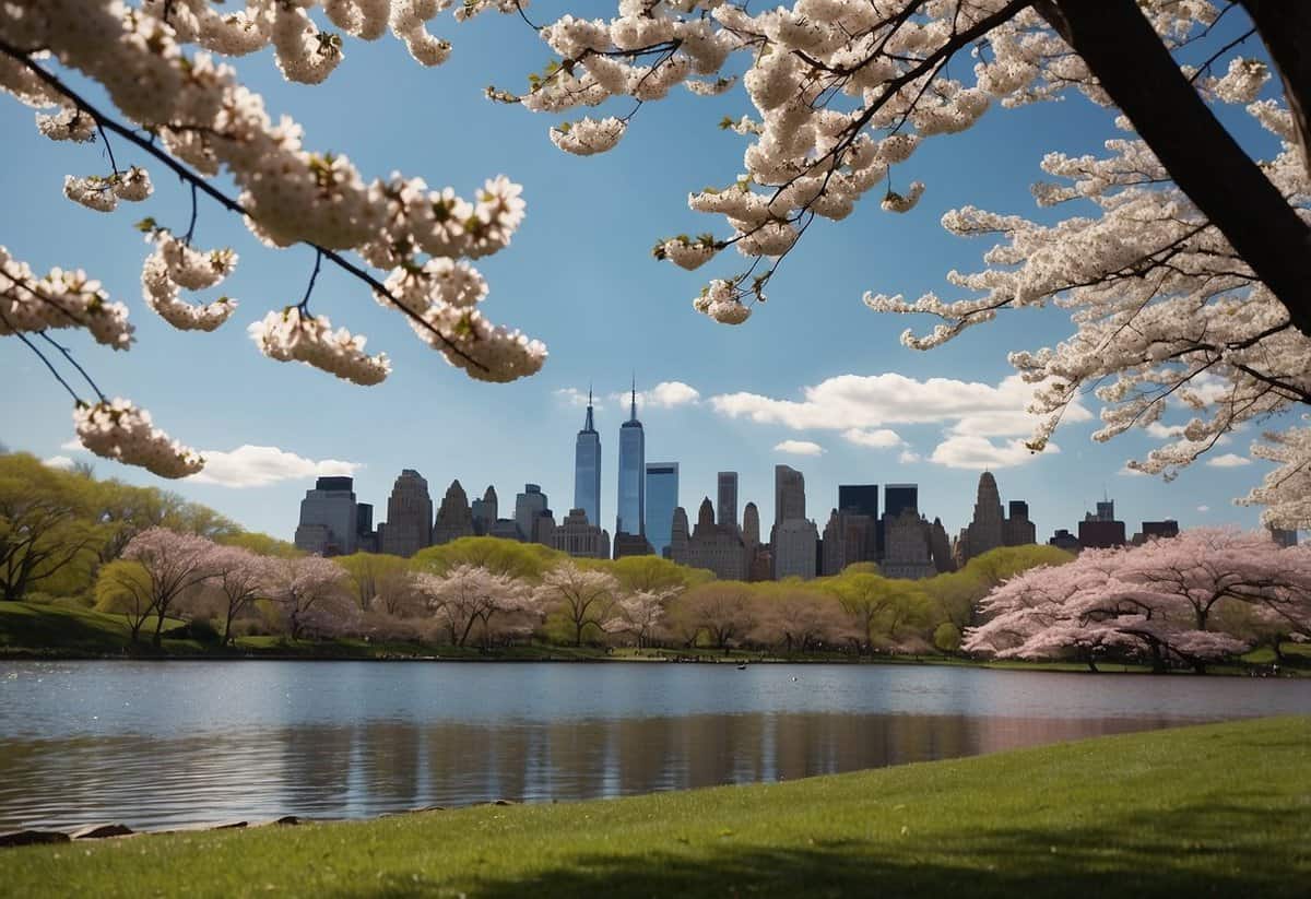 A lush Central Park setting with a backdrop of the iconic New York City skyline, framed by blooming cherry blossoms and a serene lake