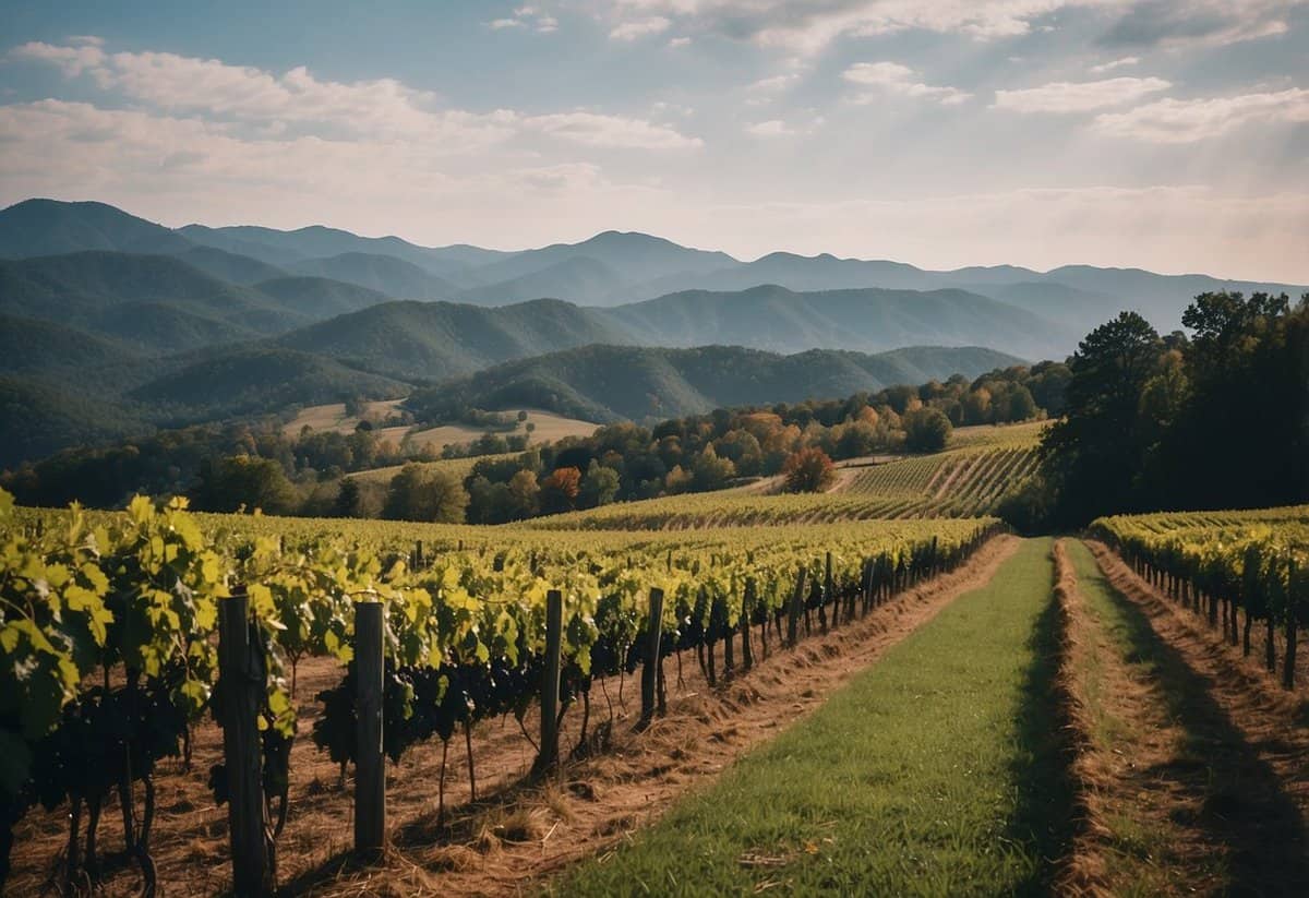 A picturesque vineyard with rolling hills, a rustic barn, and a backdrop of the Blue Ridge Mountains in North Carolina