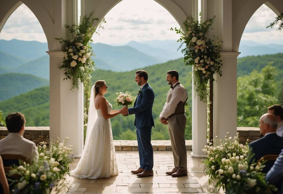 A couple exchanging vows in a quaint chapel, surrounded by lush greenery and blooming flowers, with the Blue Ridge Mountains in the background