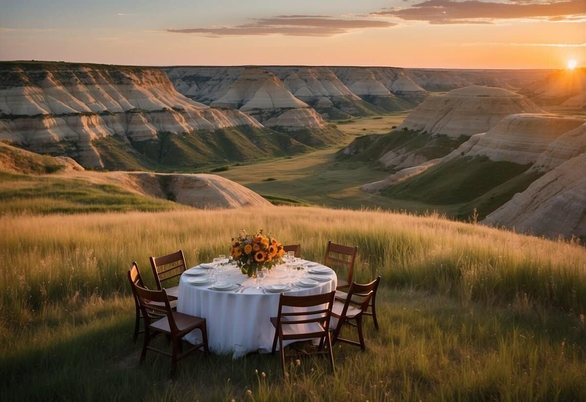 A picturesque outdoor wedding at Theodore Roosevelt National Park with rolling hills, colorful wildflowers, and a stunning sunset over the Badlands