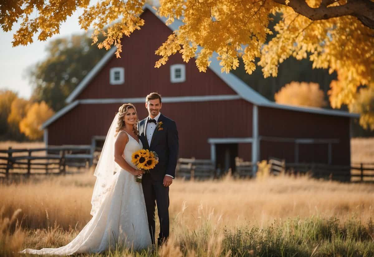 A sunny, autumn day at a picturesque North Dakota barn wedding venue, surrounded by golden fields and colorful foliage