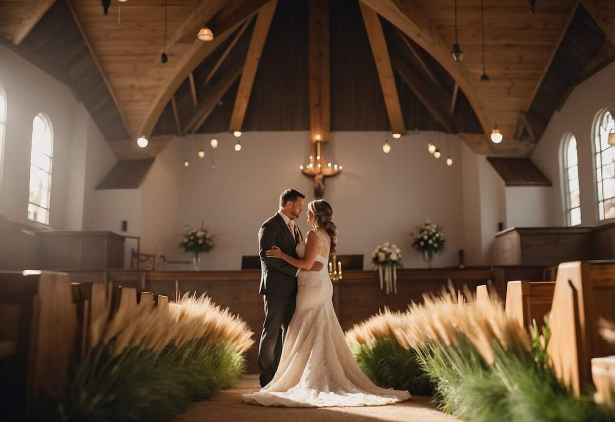 A couple exchanging vows in a quaint North Dakota chapel, surrounded by fields of golden wheat and rolling hills, with a traditional Native American wedding blanket draped over the altar