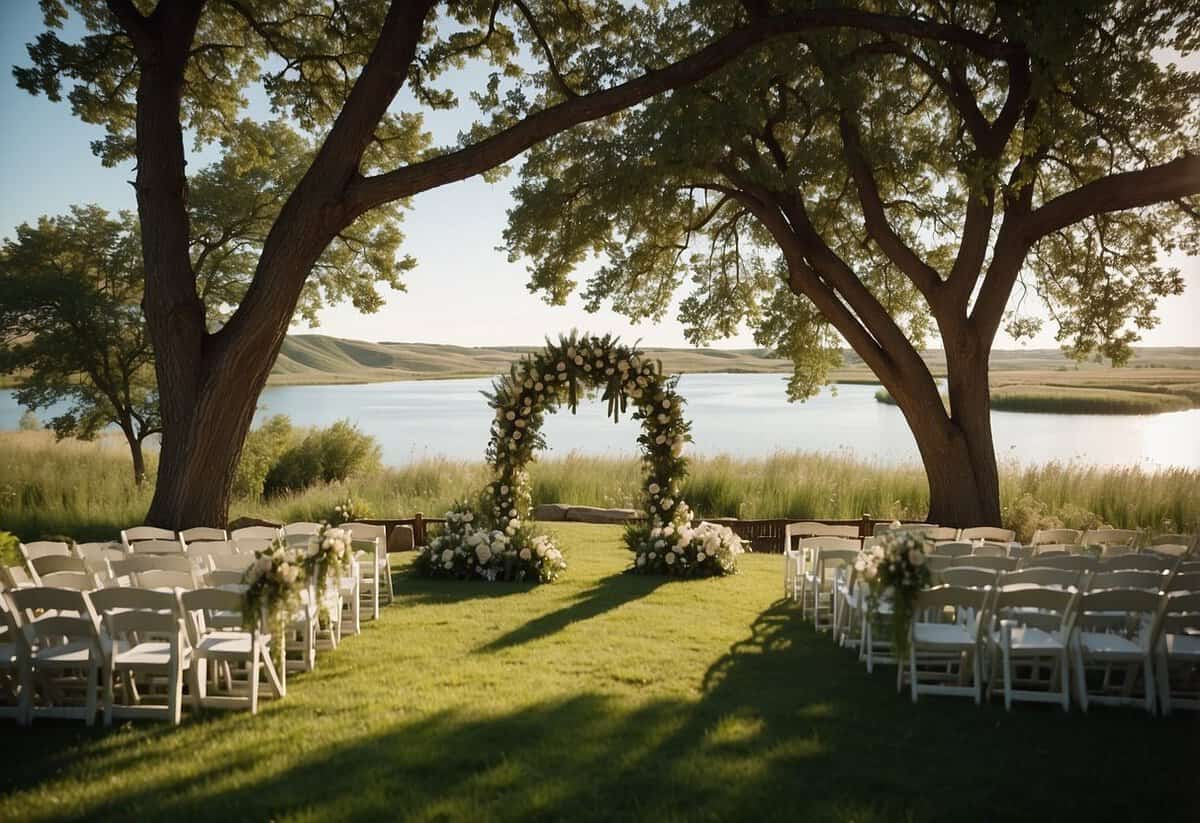 A picturesque outdoor ceremony at a scenic North Dakota location with rolling hills, lush greenery, and a serene lake in the background