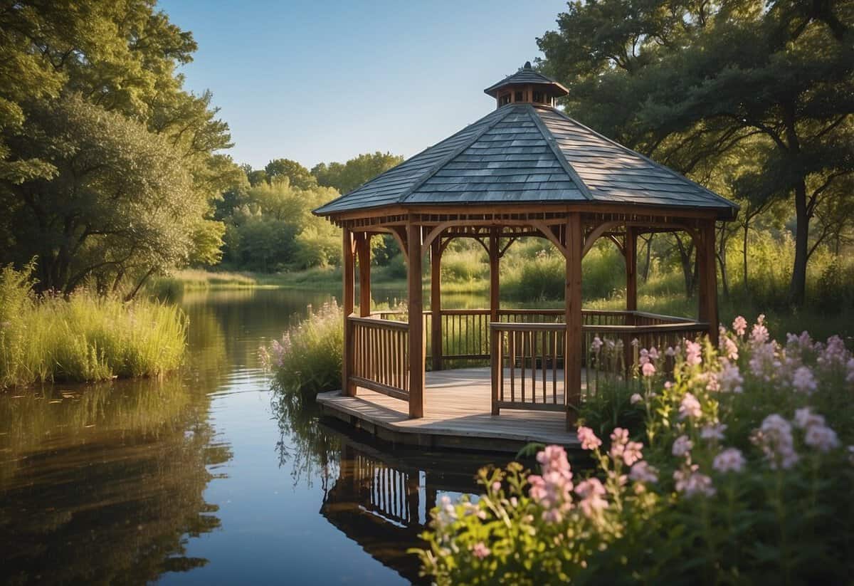 A serene lakeside with a rustic wooden gazebo, surrounded by lush greenery and blooming flowers, under a clear blue sky in Oklahoma