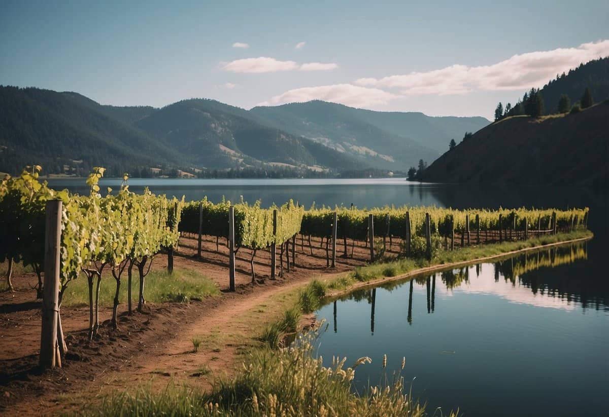 A lush vineyard overlooks a serene lake, framed by majestic mountains under a clear blue sky in Oregon