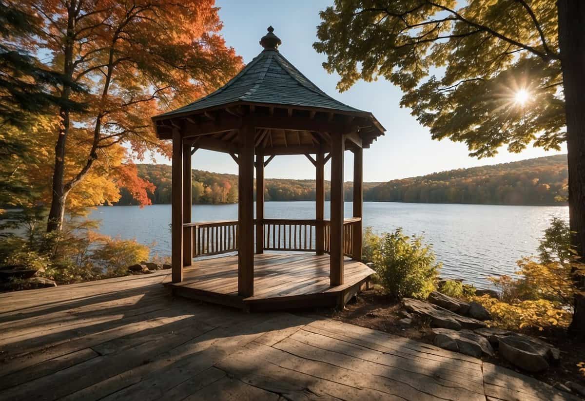 A serene lakeside with a rustic wooden gazebo surrounded by colorful foliage in the Pocono Mountains of Pennsylvania