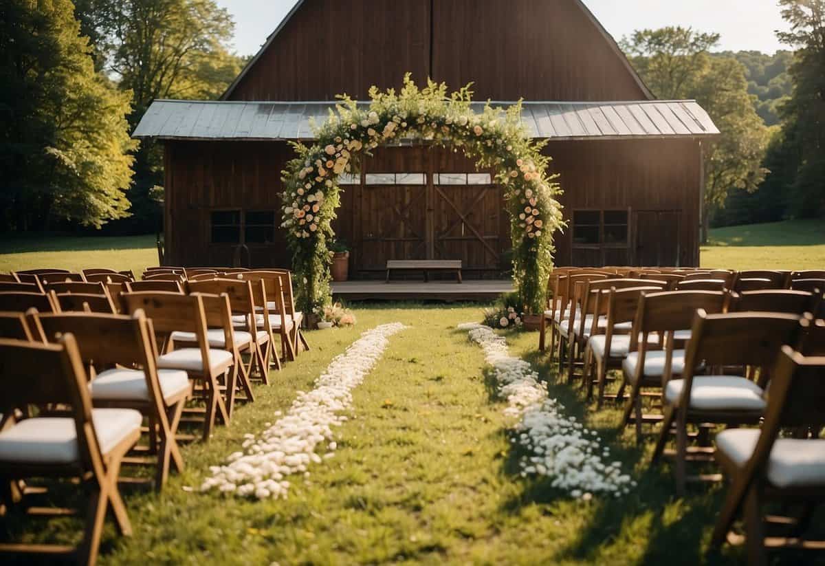 A beautiful outdoor ceremony at a rustic barn venue in Pennsylvania, surrounded by rolling hills and lush greenery. The sun is shining, casting a warm glow over the picturesque setting