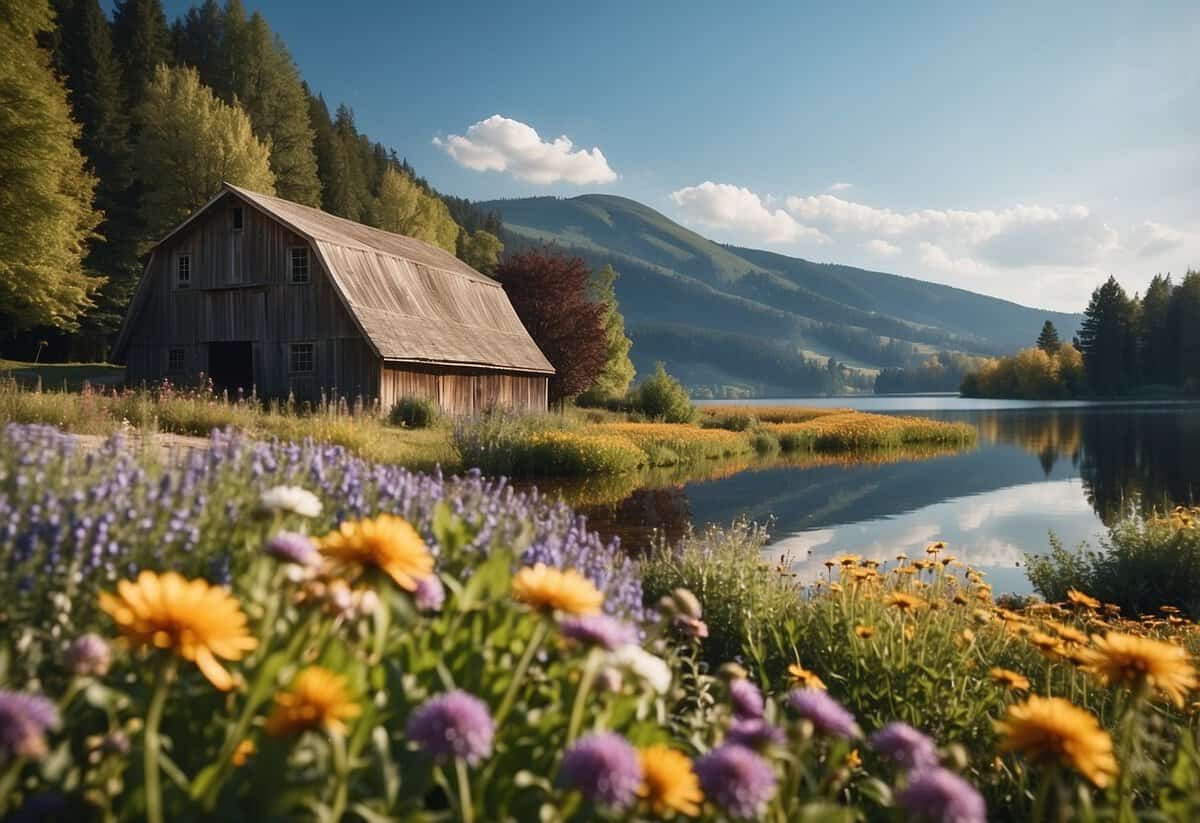 A beautiful garden setting with colorful flowers and a rustic barn in the background, surrounded by rolling hills and a serene lake