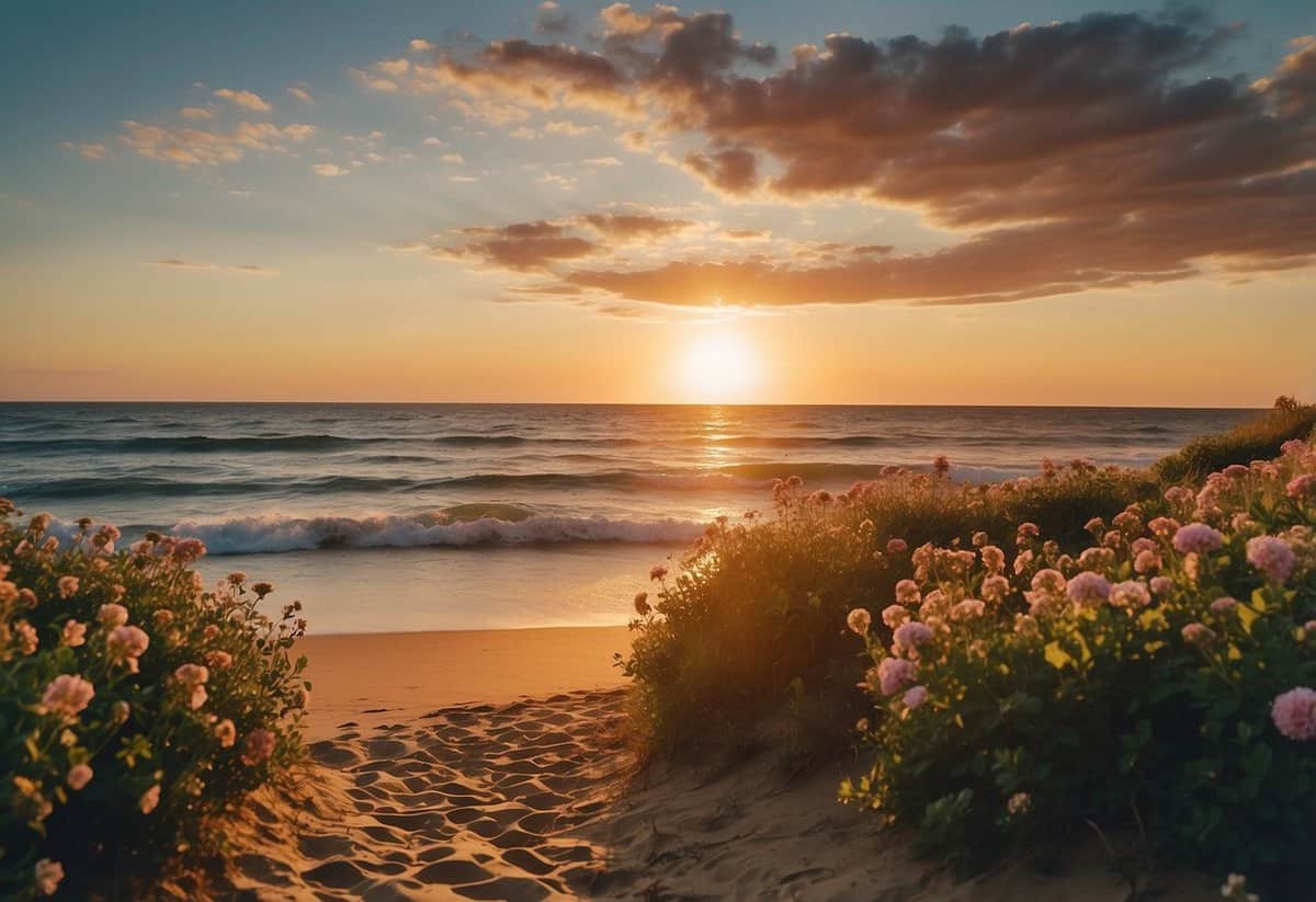 A picturesque beach with crashing waves and a vibrant sunset, surrounded by lush greenery and blooming flowers, provides the perfect backdrop for a romantic wedding in Rhode Island