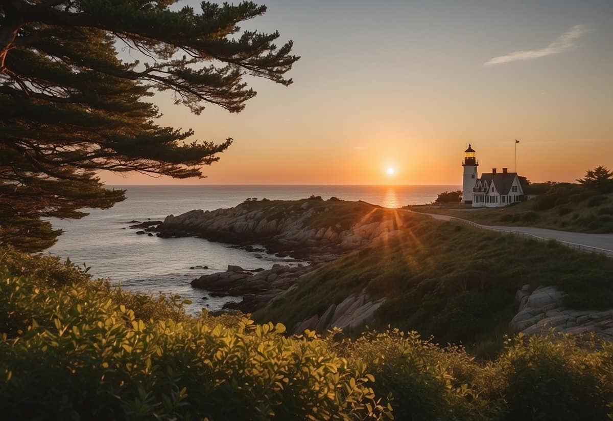 The sun sets over a picturesque coastal venue in Rhode Island, with a lighthouse in the background and a gentle breeze rustling through the surrounding greenery