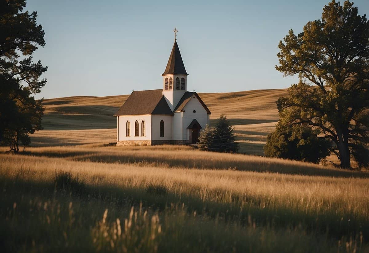 A historic church stands tall amidst the rolling hills of South Dakota, its weathered stone walls and elegant stained glass windows tell the story of countless weddings and the enduring significance of this sacred venue