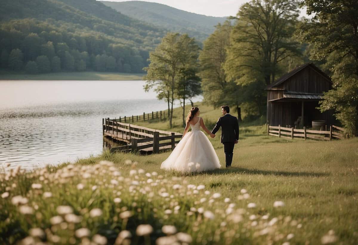 A picturesque barn wedding with rolling hills, blooming wildflowers, and a serene lake backdrop in the heart of Tennessee