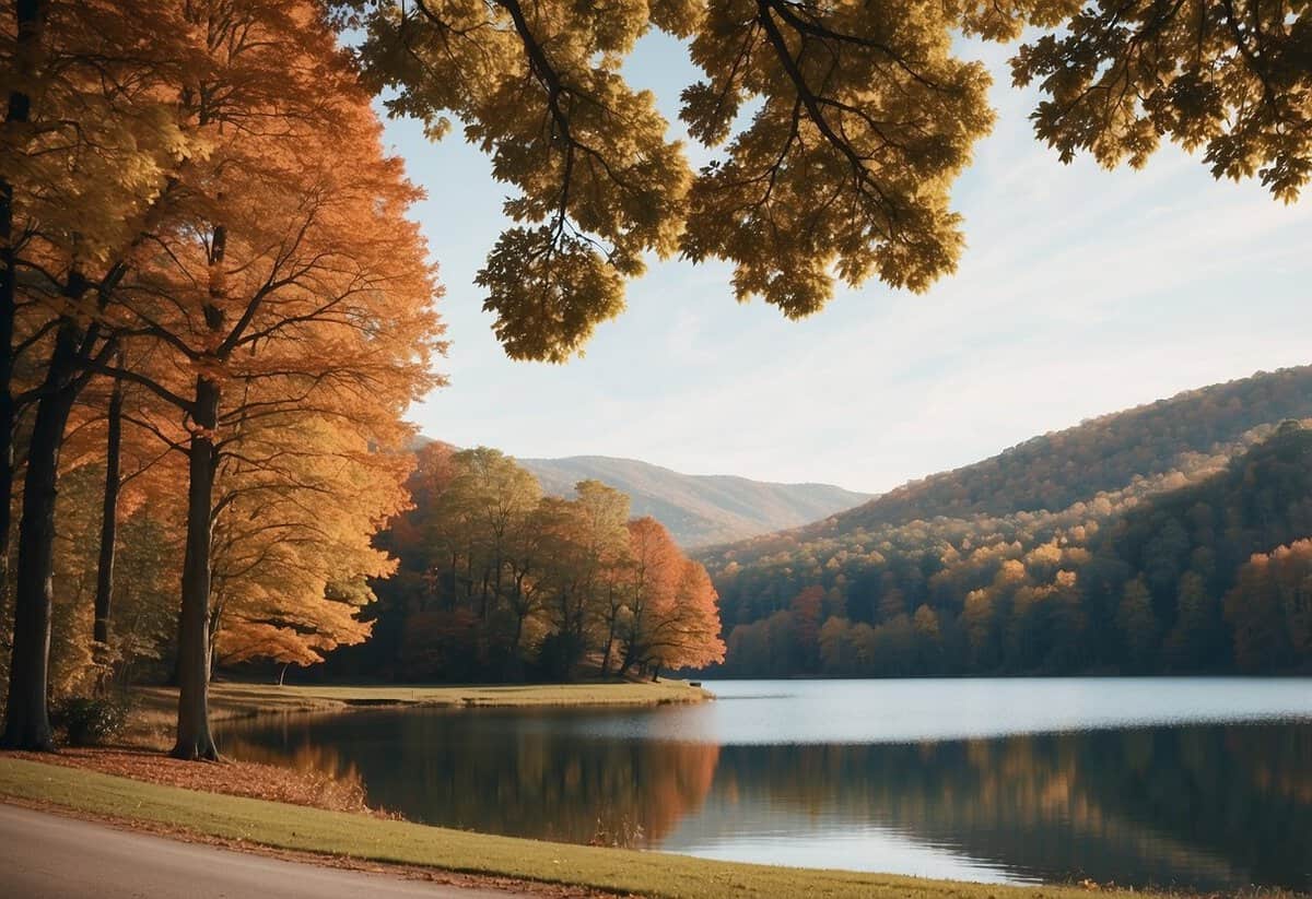 A picturesque autumn landscape in Tennessee with colorful foliage, a charming chapel nestled among rolling hills, and a serene lake in the background